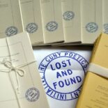 Assorted Lost and Found chapbooks laid out around the L and F logo with The CUNY Poetics Document Initiative stamped in blue